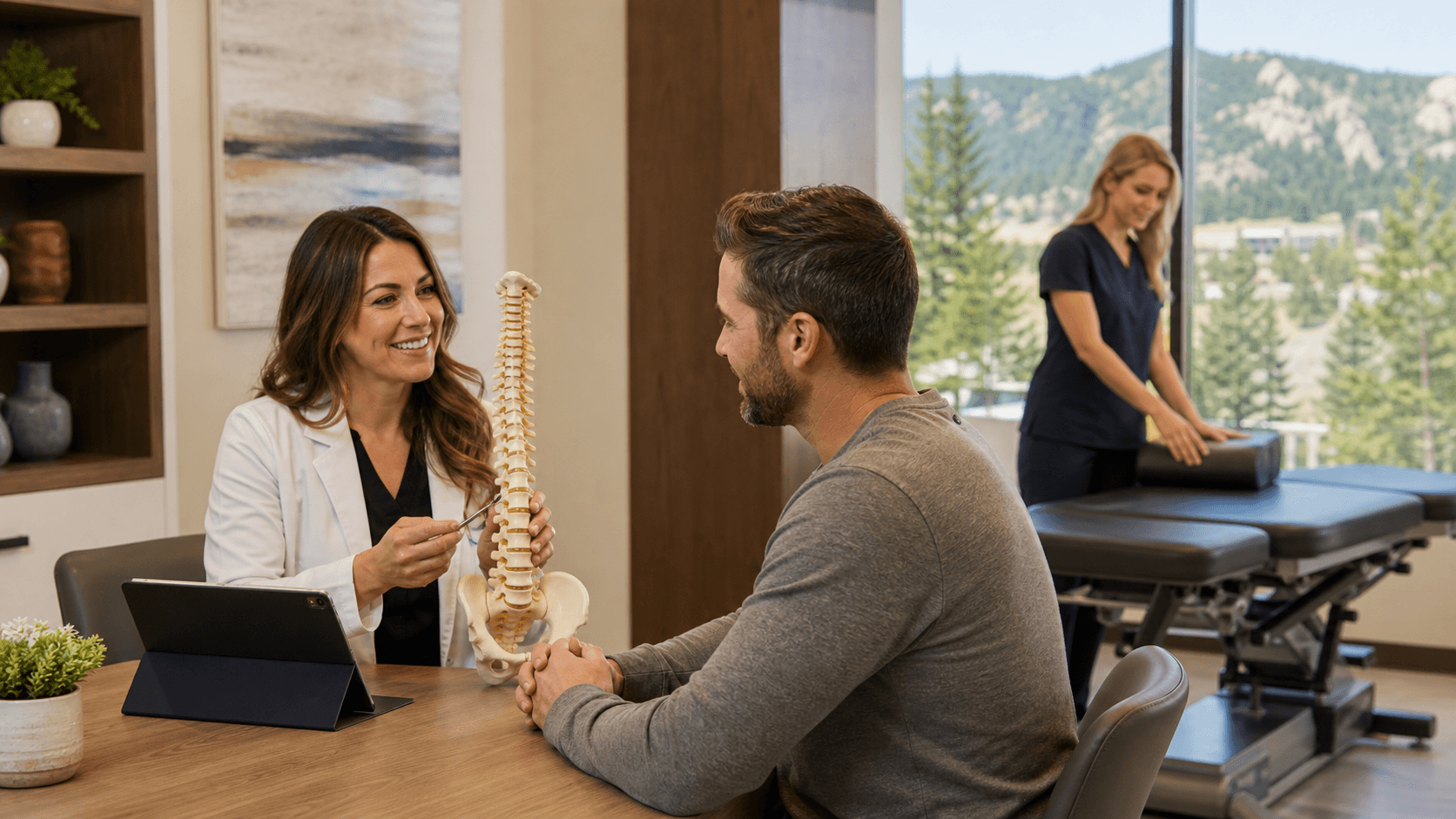 Chiropractor adjusts a patient's back on a treatment table in a bright clinic with neutral tones and soft daylight.