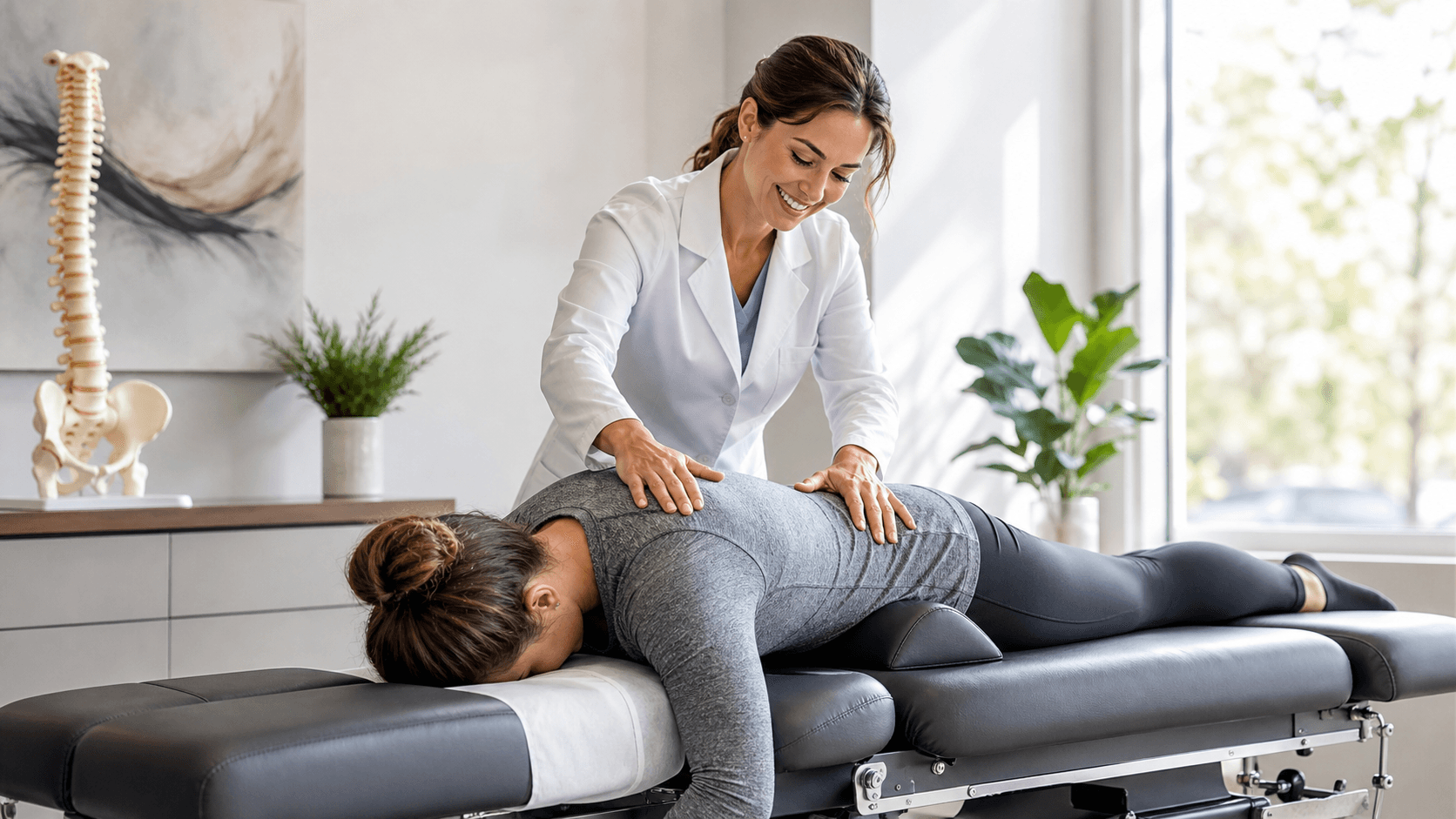 Chiropractor adjusts a patient’s lower back on a treatment table in a bright clinic with soft neutral tones.