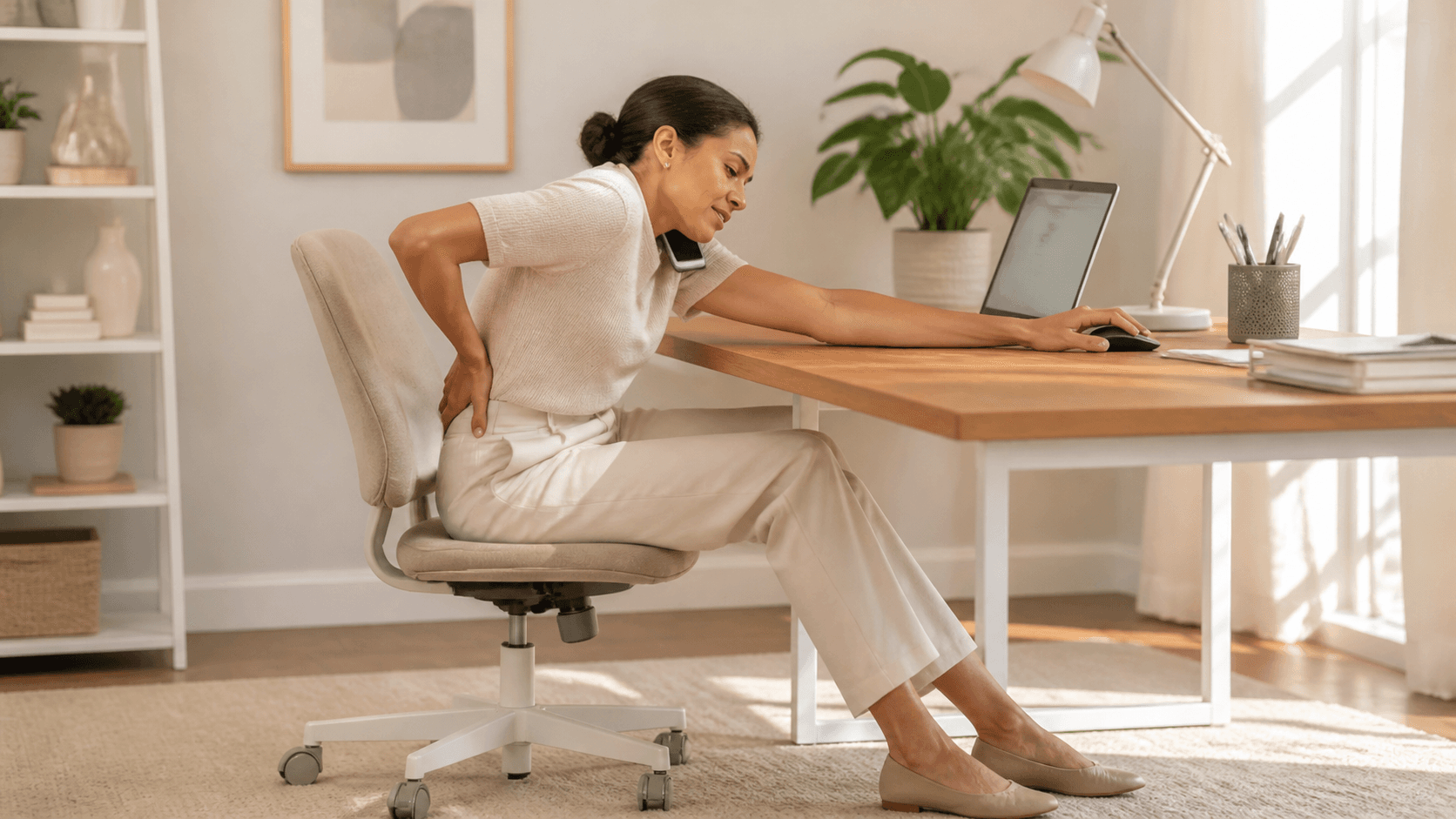 Office worker slouches at a desk with a laptop, holding their lower back in a bright modern workspace.