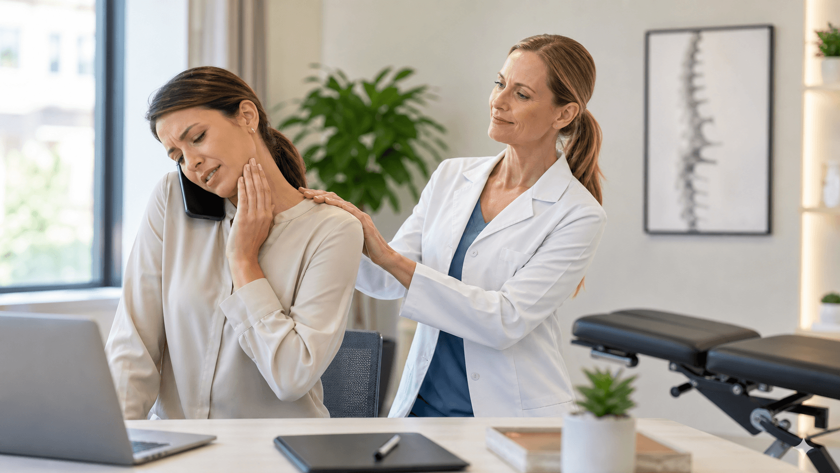 Woman holding her jaw in discomfort beside a chiropractor examining a spine model in a bright clinic.