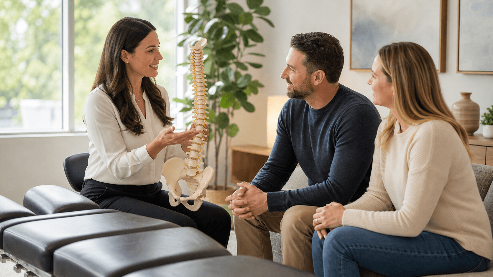 Smiling mother holds a toddler beside a chiropractor in a bright, softly lit clinic.