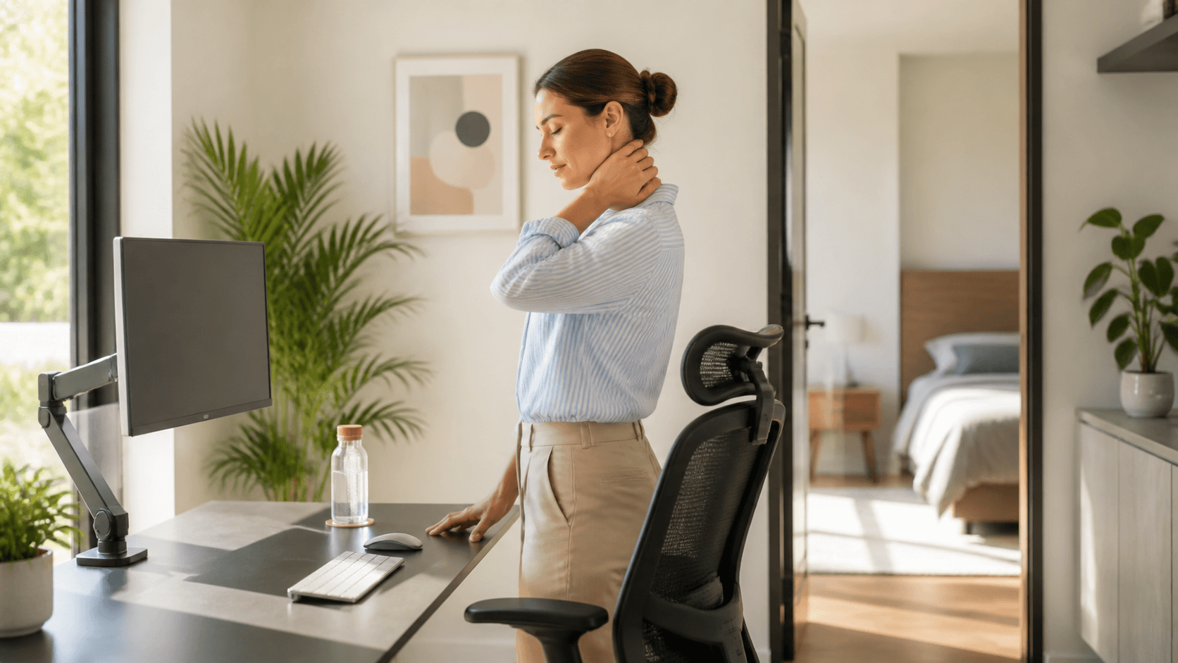 Split home and office scene with a person at a desk, water glass, pillow, and stress-related symbols.