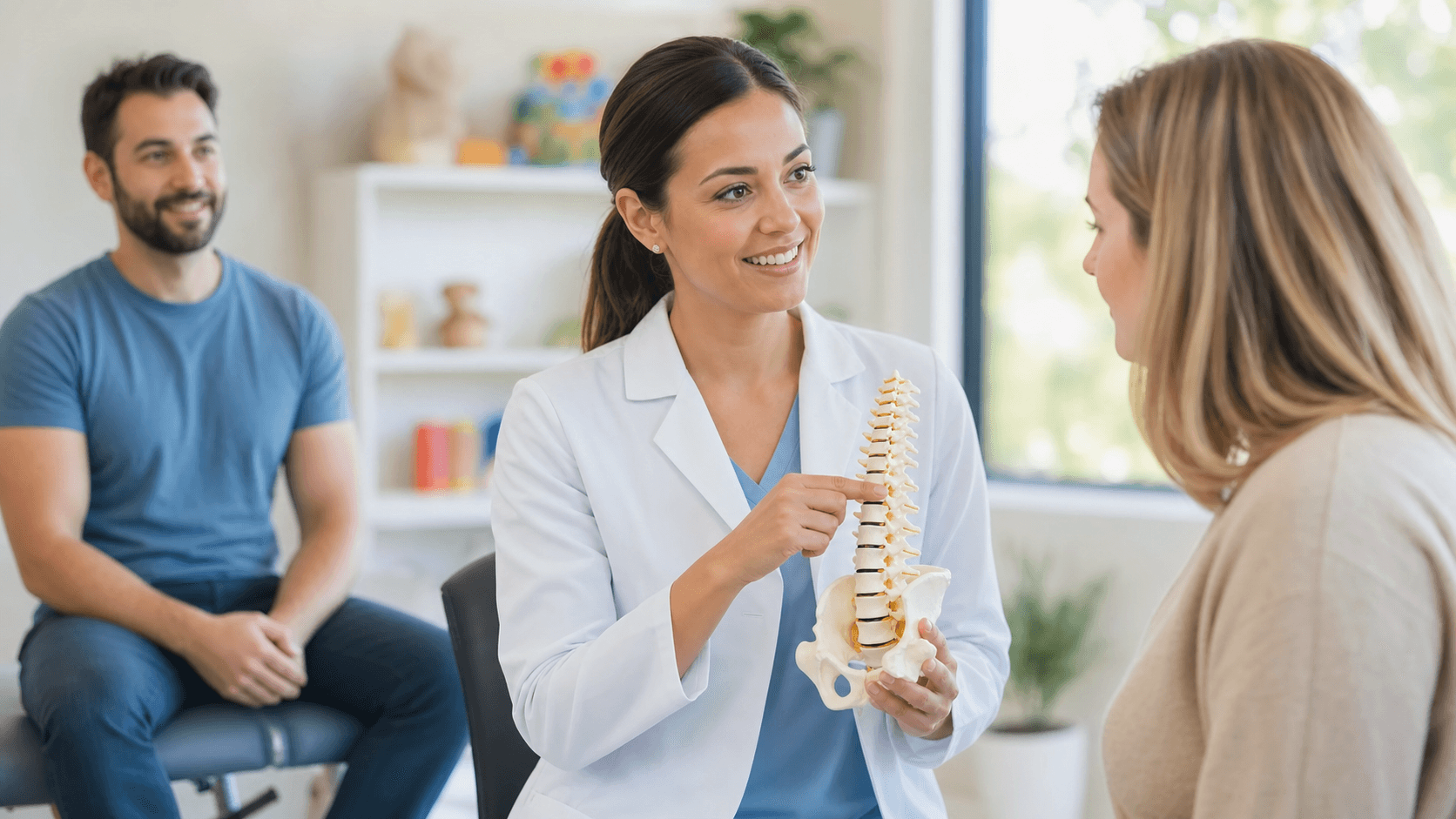 Smiling child on an exam table as a chiropractor gently adjusts their back in a bright, modern clinic.