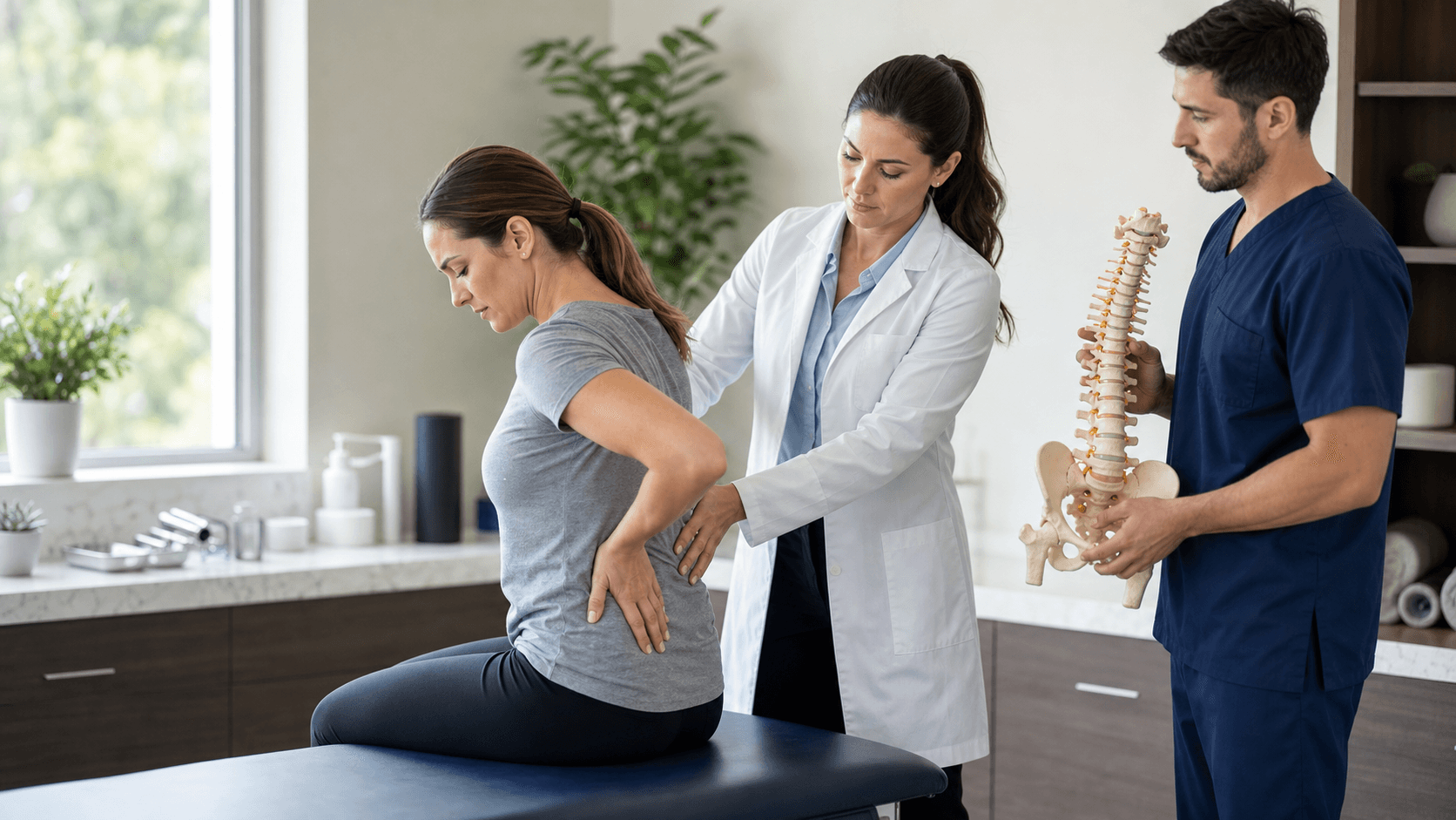 Person holding their lower back with a red highlighted pain area, standing against a clean white background.
