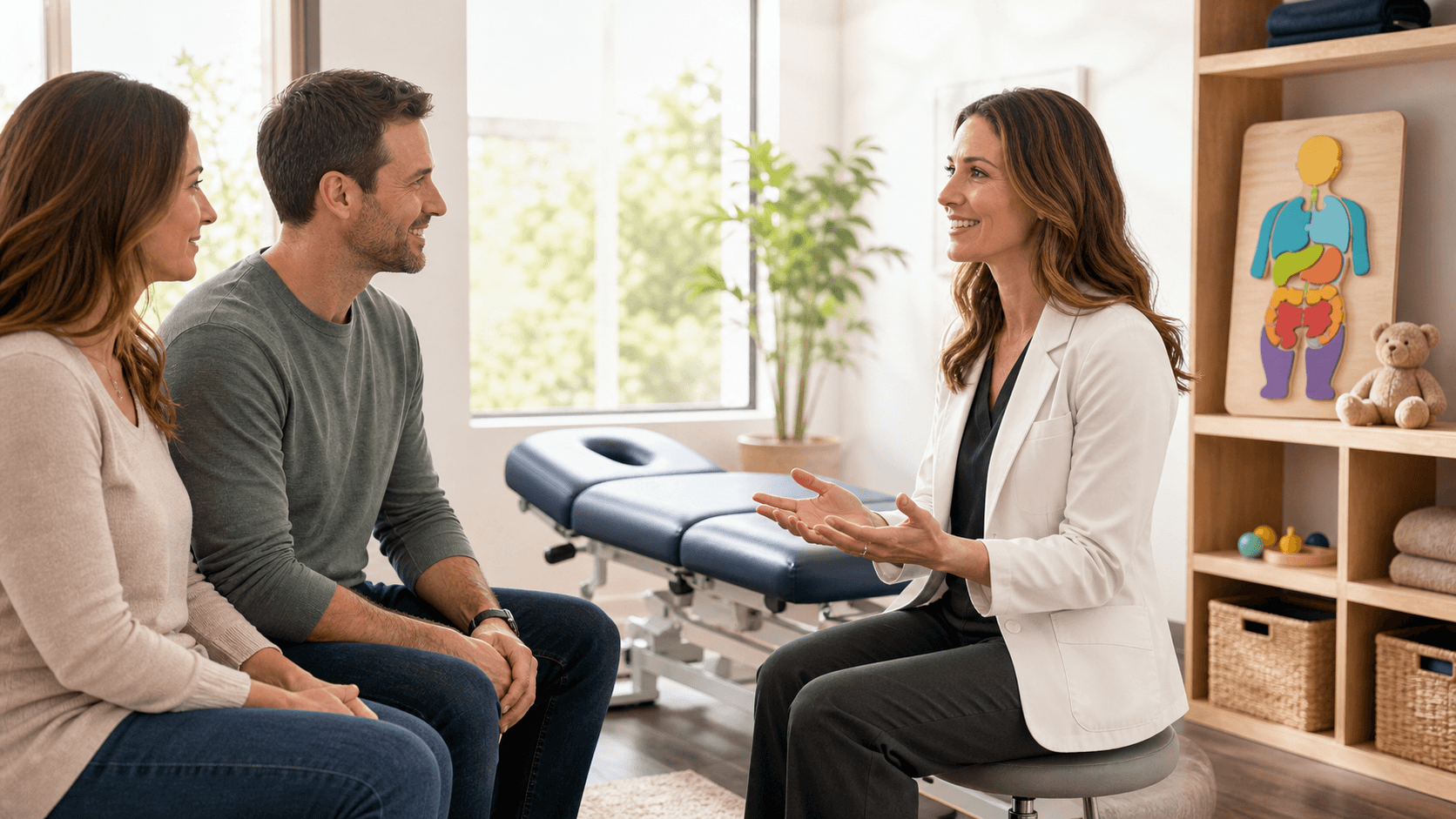Warmly lit chiropractic exam room with a child and parent beside an adjustment table.