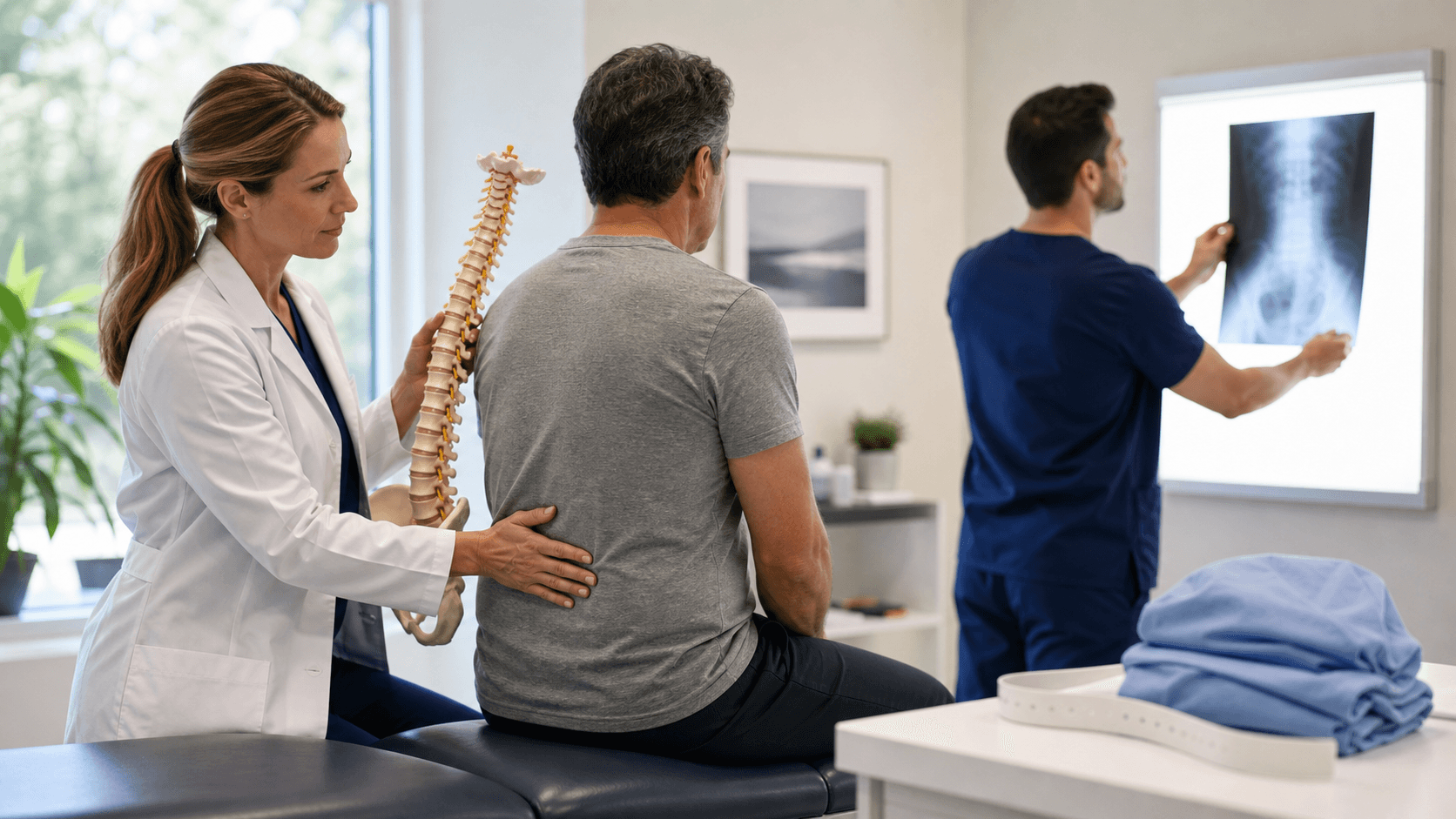 Person holding lower back in a bright clinic, chiropractor examining spine beside a glowing X-ray on a wall screen