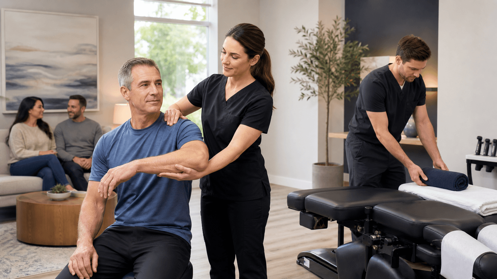 Smiling chiropractor adjusts a child on a clinic table as parents watch, in a bright, modern office.