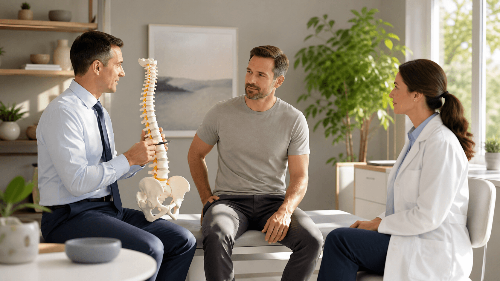Doctor and chiropractor consult over a spine model beside a patient with back pain in a bright clinic.