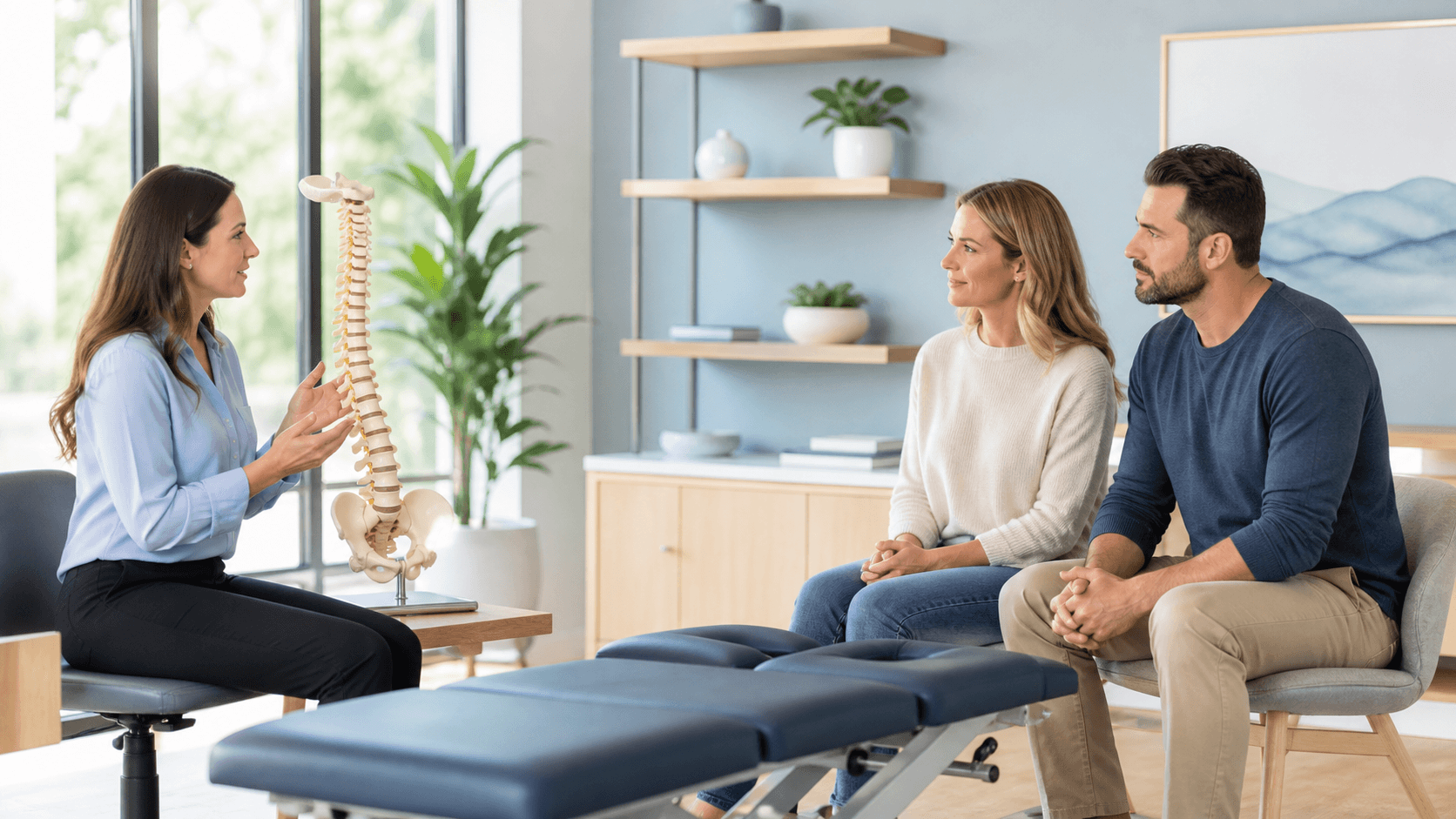 Pediatric chiropractor in a bright clinic gently examining a child’s back beside a concerned parent
