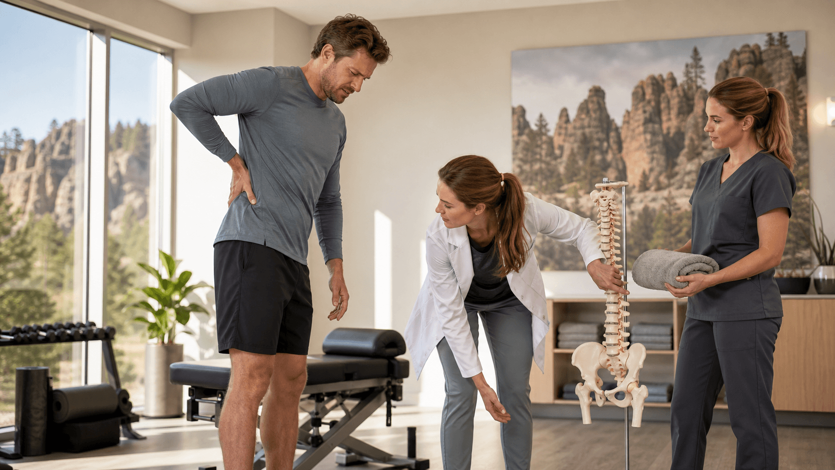 Athletic man holding his lower back in a sunlit gym, blurred workout equipment in the background.